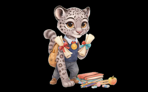 Cute cartoon snow leopard student holding scrolls with school supplies