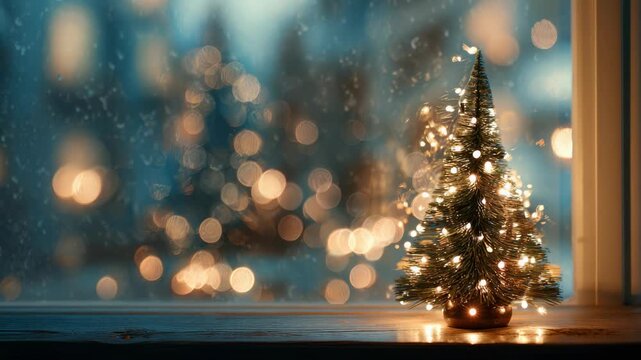 Small Christmas tree with glowing fairy lights on a wooden windowsill at night with blurred festive bokeh background for holiday season decoration