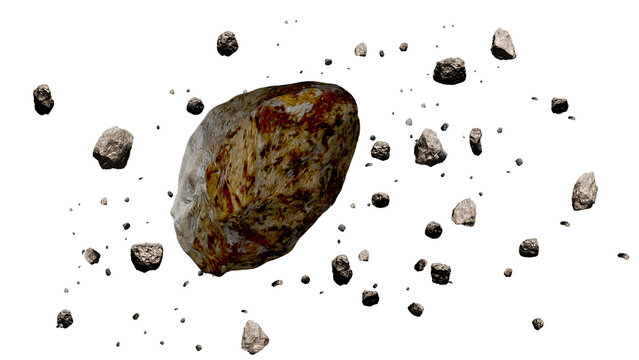 3D rendered asteroid with scattered rock debris field isolated on white background