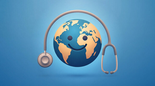 A smiling cartoon Earth held by a stethoscope, symbolizing global healthcare, well-being, and medical support.