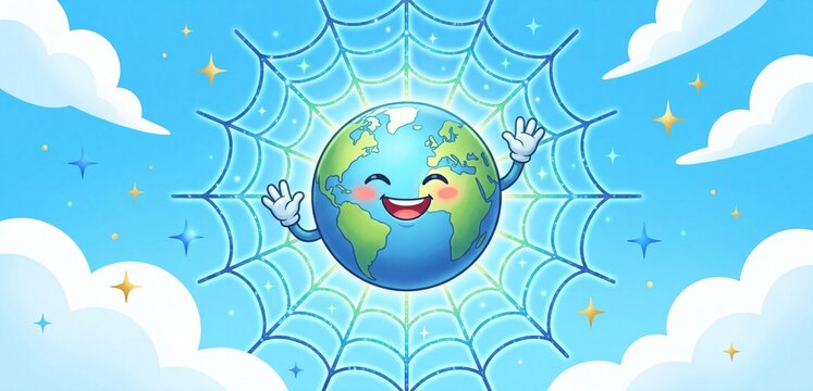 A cheerful cartoon planet Earth with arms and legs waves happily, encased in a radiant, glowing spiderweb.