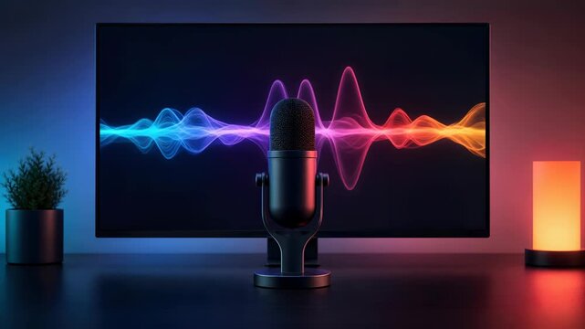 Modern microphone podcast streaming sound wave colorful light computer monitor desktop technology audio recording gaming setup desk home studio