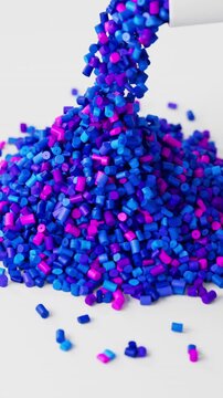 White polypropylene plastic granules pouring from a cup onto a resin pellet pile on white background, 3D render dynamic Vertical video.