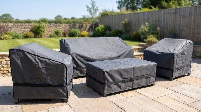 Protective patio furniture cover for outdoor seating during off season, weather protection, backyard maintenance, home care.