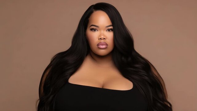 Beautiful plus size woman with long dark wavy hair posing in black top against brown background, professional studio portrait for beauty campaign