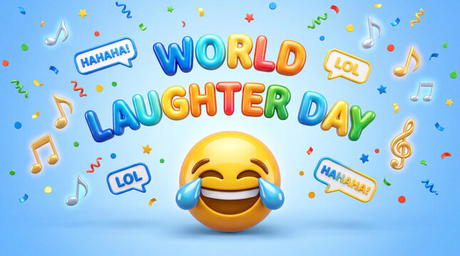 Celebrate World Laughter Day with a joyful emoji, colorful text, musical notes, and falling confetti against a bright blue background.