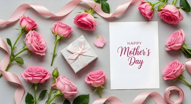 Happy mothers day greeting card with pink roses and a gift box on a grey wooden background top view, flat lay