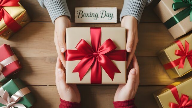 Top view of two people exchanging a beautifully wrapped gift box with a red ribbon on a rustic wooden table, surrounded by other christmas presents