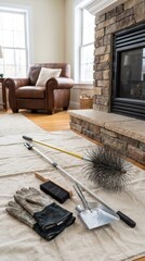 Obraz premium Cleaning fireplace before winter, seasonal chimney maintenance, cozy home preparation, household safety.