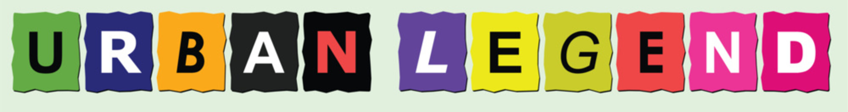 Urban legend text with cutout ransom note letters isolated on light green surface.