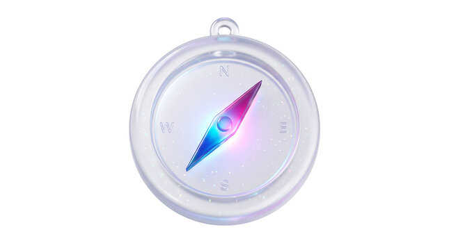 Futuristic glass compass with glowing neon needle, holographic navigation tool on white background, 3d render of digital direction and travel concept