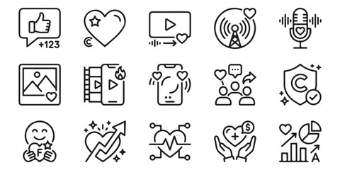 Fototapeta premium Social Media Content Creation, Digital Marketing, Engagement, and Media Monetization Vector Line Icons Set for Multimedia, Streaming, and Branding Concepts