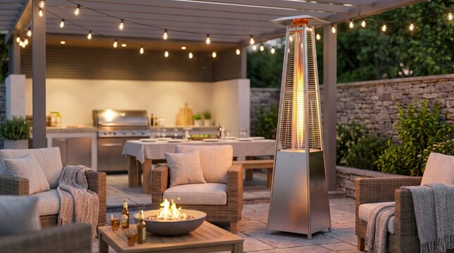 Outdoor patio heater creating a warm backyard gathering space during cool autumn evenings, outdoor entertaining.
