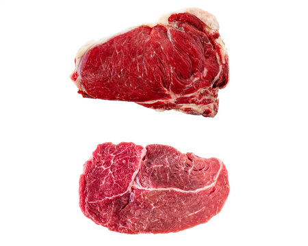 Two cuts of raw beef meat displaying marbling and texture presented on transparent background steak cut red food photography culinary