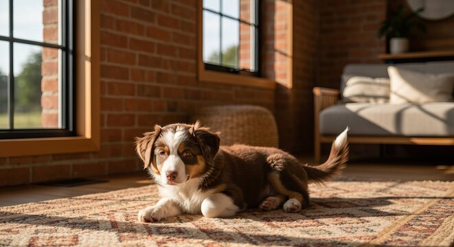 Cute Australian Shepherd puppy resting elegantly on a detailed patterned rug in a home interior.