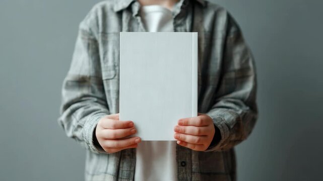 Child holding a blank white book cover for mockup design, young student showing empty journal template for creative branding and marketing project