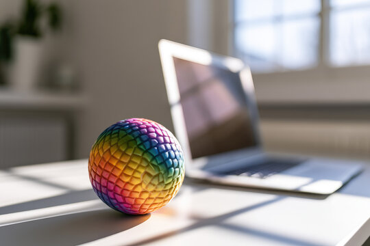 Hand therapy ball colorful ball laptop office desk sunlight close up desk workspace gel ball rainbow ball therapy ball hand exercise stress relief rehabilitation physical therapy grip strength