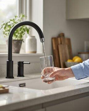 A person filling a glass with fresh clean water from a modern black kitchen faucet at home