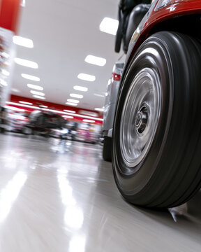 Mobility scooter wheel gliding in bright grocery store aisle with motion blur and polished floor, conveying independent living and modern transport