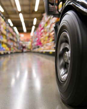Mobility scooter wheel in grocery store aisle on polished floor with motion blur and bright lighting