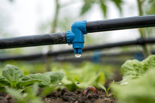 Drip irrigation system watering green lettuce plants in a modern organic greenhouse farm