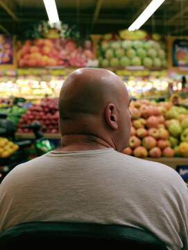 Grocery store shopping with over shoulder view of bald man facing bright fruit display in retail aisle, rear view and warm ambient light