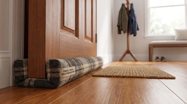 Door draft stopper for improved home insulation, energy efficiency, winter comfort, seasonal home maintenance.