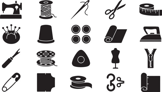 Sewing Equipment Vector Icon Set, Tailoring Equipment & Dressmaking Black Glyph Symbols