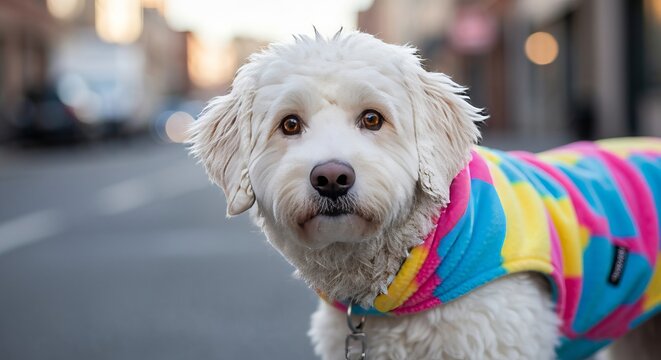 A cute cream colored doodle puppy wearing a colorful bright fleece vest standing on a city street.