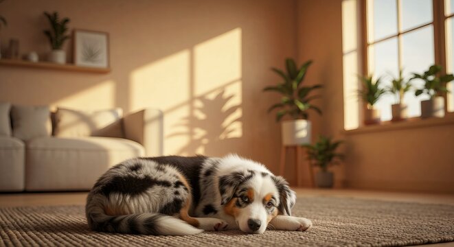 An adorable Australian Shepherd dog rests peacefully on a wooden floor in a sunny contemporary home.