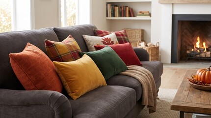Obraz premium Cozy autumn living room with warm blankets and seasonal decor, comfortable family home interior.