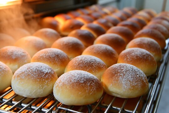 焼き立てパンがずらりと並びオーブンから湯気が立ち上る