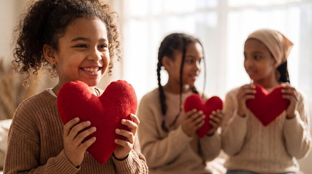 Three smiling young girls hold red heart-shaped pillows, symbolizing love and friendship.