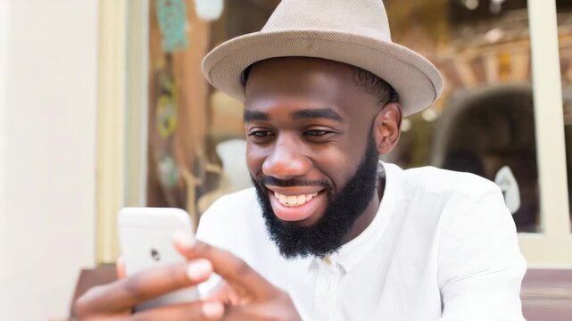 Happy young African American man wearing a stylish hat smiling while looking at his smartphone screen in a bright outdoor cafe setting in city