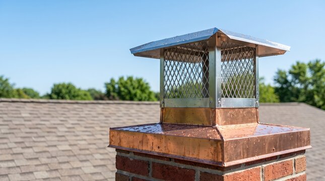 Metal chimney cap installed on a residential roof, rain protection, ventilation, seasonal home maintenance, exterior safety.