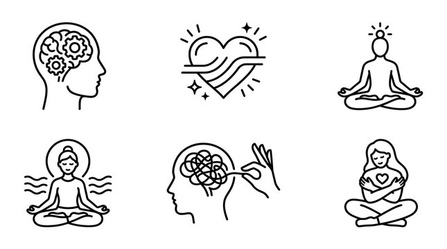 Mental Health and Wellness Line Icon Set for Therapy and Self Care