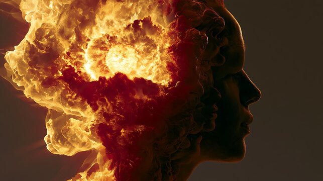 Prompt: A powerful minimalist surrealism conceptual portrait. A sharp side-profile silhouette of a multi-headed Rakshasa head is double-exposed with a symbolic cosmic landscape of a massive 