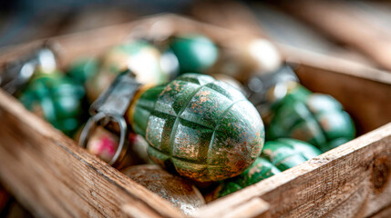 Obraz premium Weathered metal hand grenades stored inside a wooden crate, representing military ammunition, warfare, danger, and tactical equipment