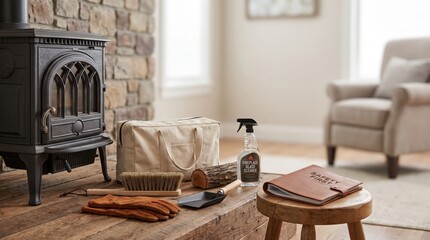 Obraz premium Fireplace maintenance supplies arranged in a cozy living room, seasonal chimney care, winter home preparation, household safety.