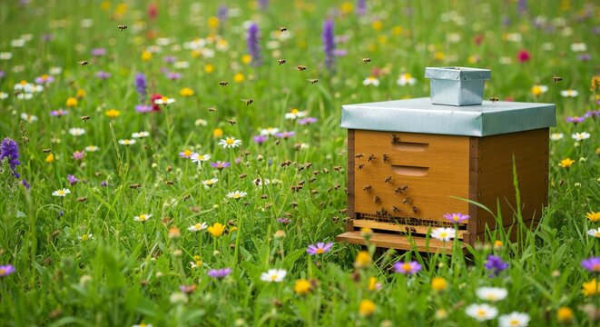 A wooden beehive standing in a beautiful blooming summer meadow full of colorful wild wildflowers.