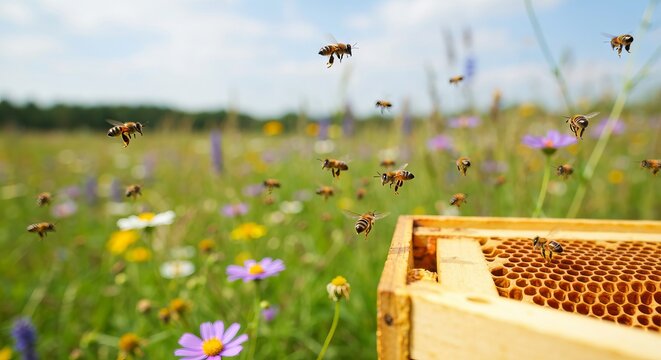 Honey Bees Returning to a Hive Frame Amidst a Colorful Blooming Summer Meadow of Wildflowers.
