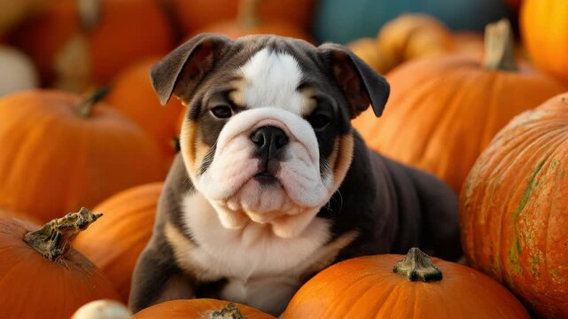 Adorable English Bulldog puppy sitting among ripe orange pumpkins in autumn, cute pet portrait for fall season and Thanksgiving holiday concept