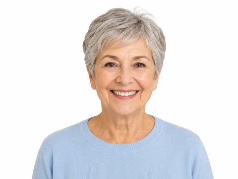 Senior woman in light blue pullover on white background