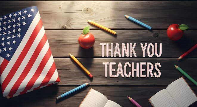 Thank you teachers message on a rustic wooden desk with american flag book, apples, pencils, and open notebooks, perfect for teacher appreciation day