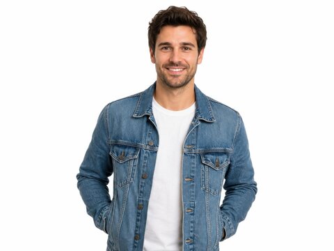 Smiling man wearing blue denim jacket on white background