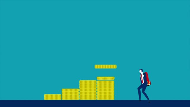 Animation of coins and a business man with a rocket jet pack on his back launching into the air