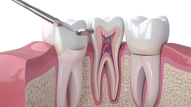Molar tooth being examined with probe in gum cross section