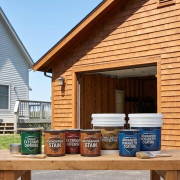 Exterior paint and wood stain prepared for house siding maintenance, weather protection, residential renovation, home improvement.