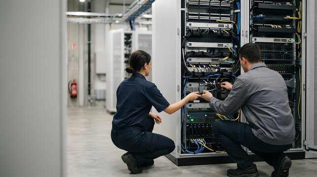 IT technicians repairing a server rack in a data center. Man and woman working on network cables. Copy space for text