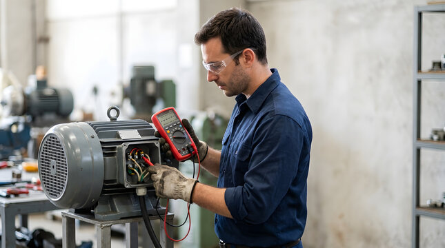 Industrial electrician testing an electric motor with a digital multimeter. Male technician in safety glasses troubleshooting machinery in a workshop